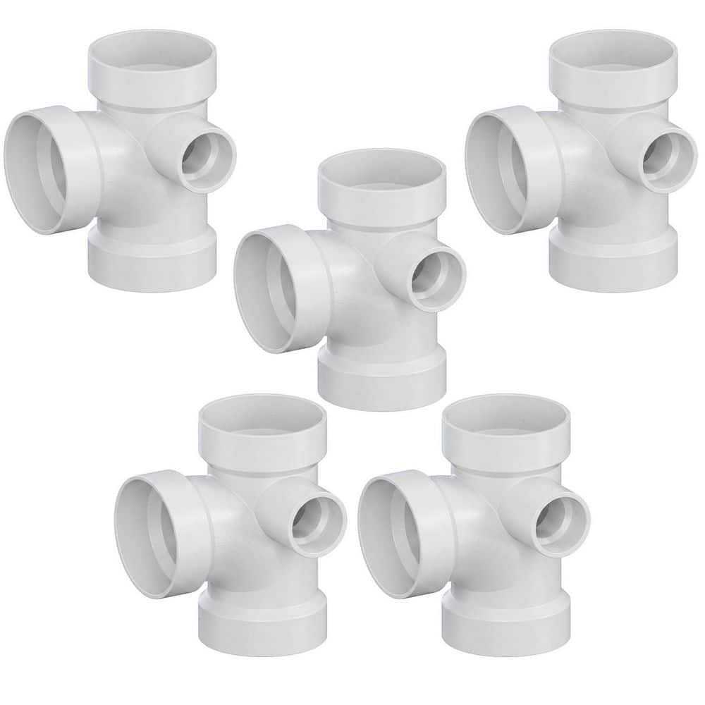 PLUMBFLEX 4 x 4 x 4 x 2 in. White Rigid PVC DWV Sanitary Tee w/ Right Side Inlet, 0.67 ft. Long, All Hub, Schedule 40 (5 Pack) (1)