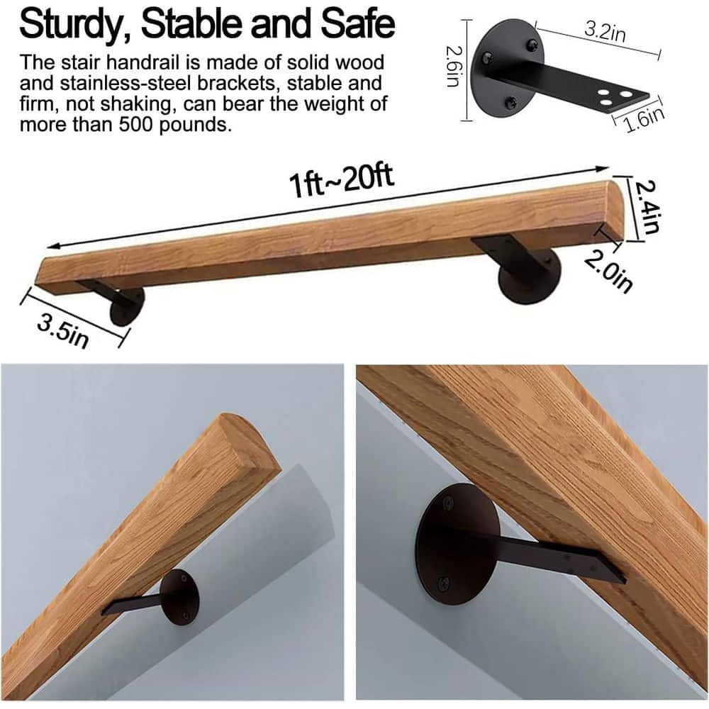 Unbranded 3 ft. Natural Pine Wood Handrail Wall Mount Indoor Outdoor Stair Safety Non-Slip Semicircular Handle Support (2)