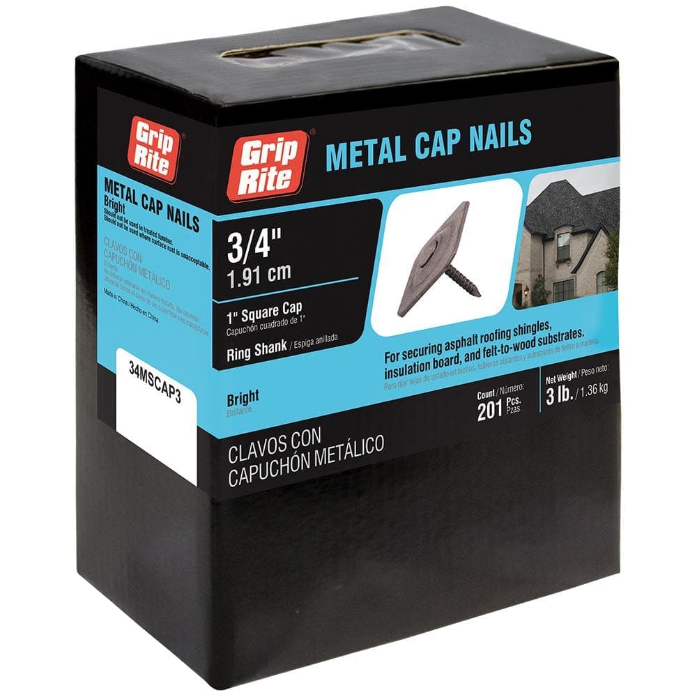 Grip-Rite 3/4 in. x 12-Gauge Bright Steel Smooth Shank Metal Square Cap Roofing Nails 3 lb. Box