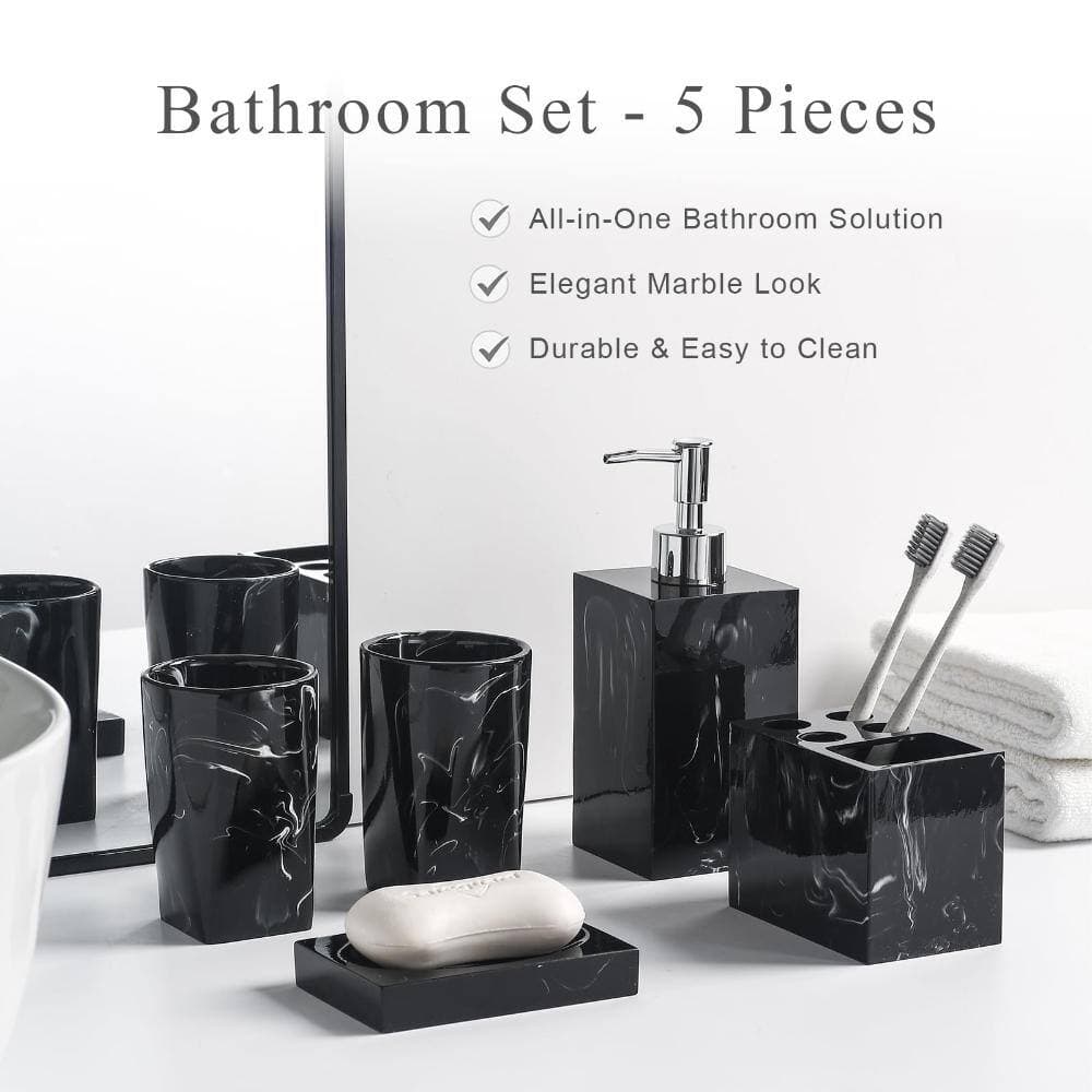 Unbranded 5-Piece Resin Bath Accessory Set with Soap Dispenser, Soap Dish and Two Tumblers in Ink Black Marble (2)
