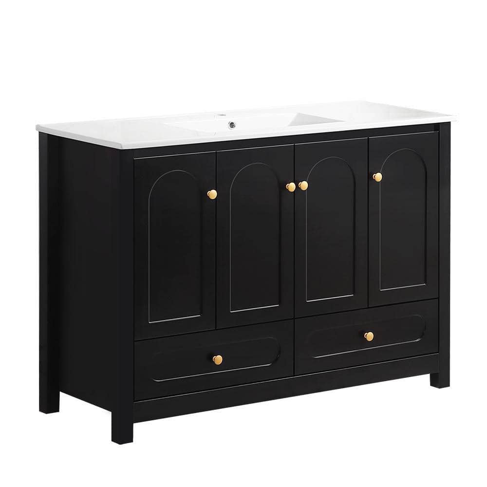 Xuanlur 48 in. Black Bathroom Vanity w/ Resin Sink Combo, MDF Wood Abundant Storage Cabinet-4 Soft Close Doors and 2 Drawers