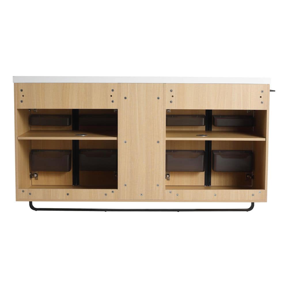 Noble House Ambrose 58.69 in. Bath Vanity Cabinet without Top in Oak with Open Storage Shelves, Soft Close Doors (2)