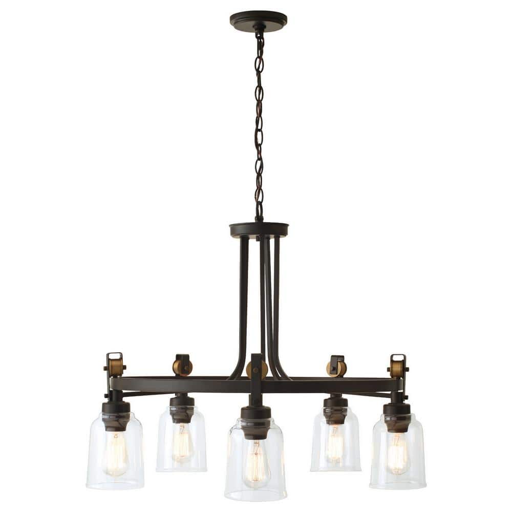Home Decorators Collection Knollwood 30 in. 5-Light Black Bronze with Brass Accents Industrial Round Chandelier for Kitchens (3)