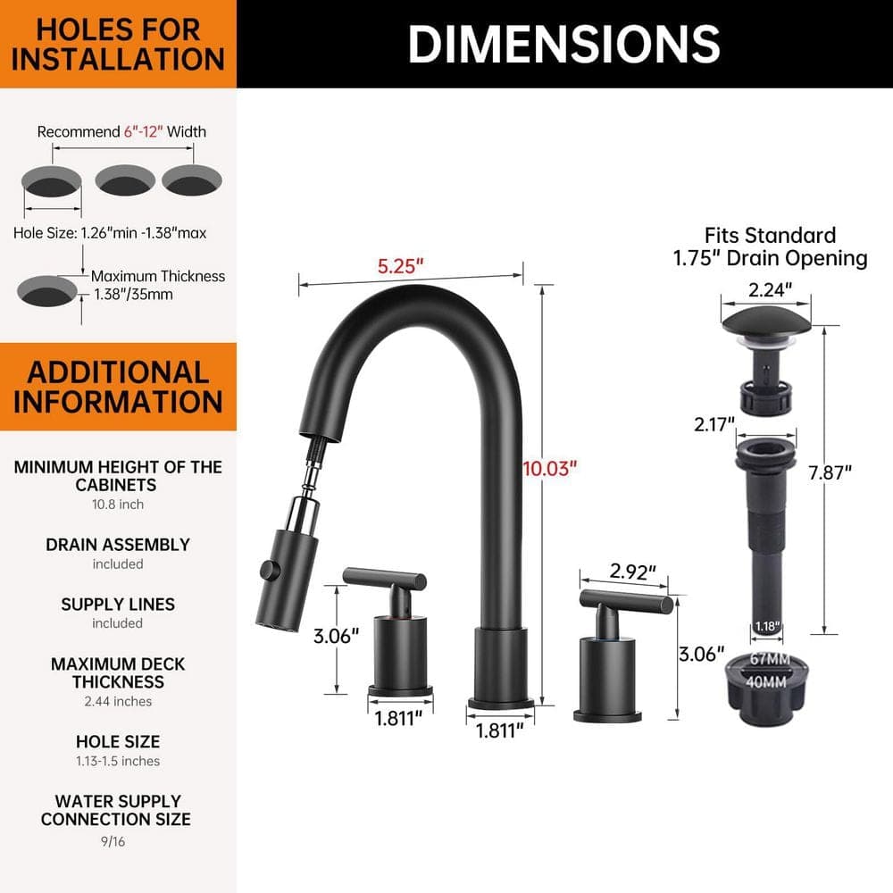 Wudkey Pull Down Bathroom Faucet with Pop-Up Drain, 8 in. Widespread Bathroom Faucet with Supply Lines (2)