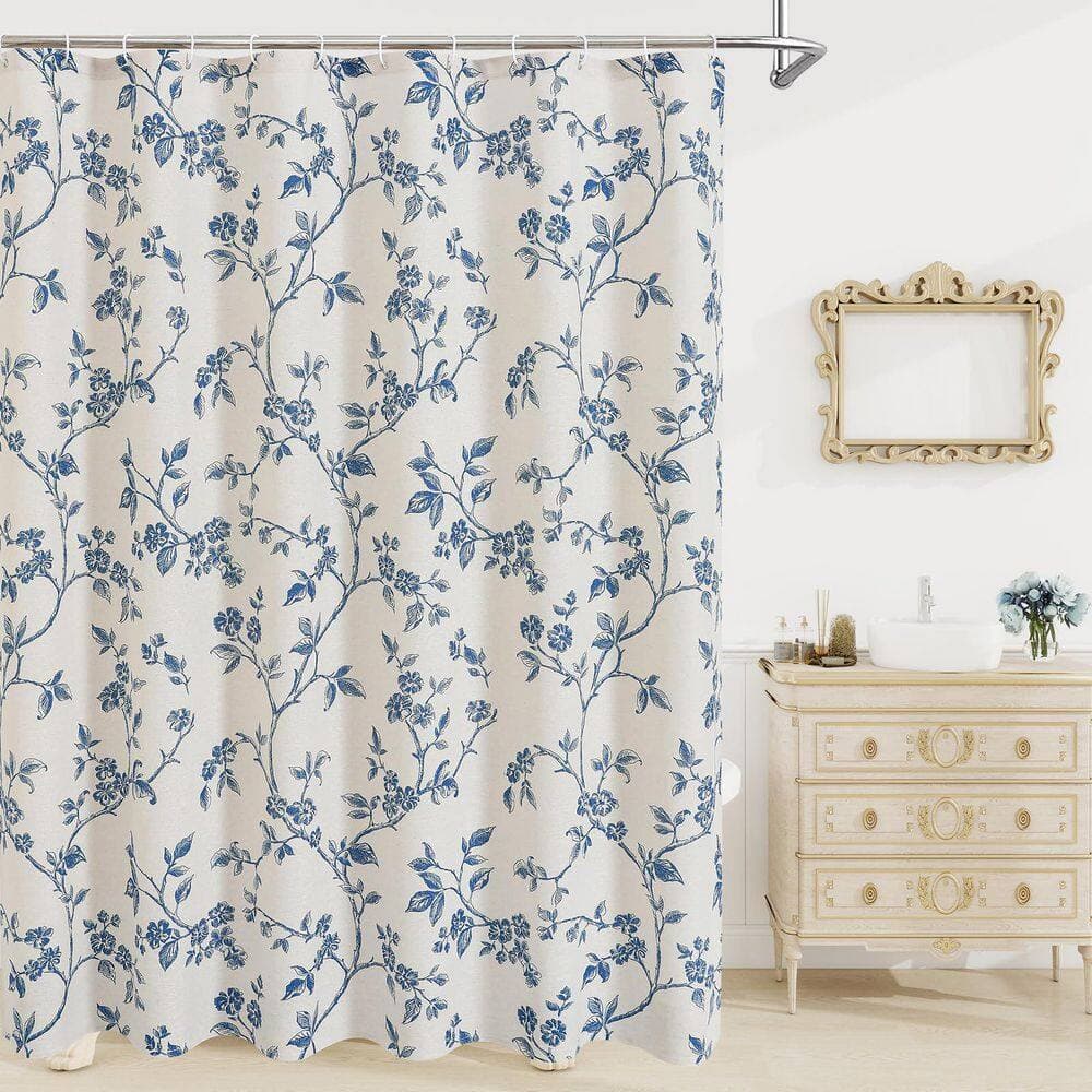 Anqtovp 72 in. W x 72 in. L Cotton Shower Curtain in Blue Floral Cottagecore Modern Farmhouse Country Plant Leaves Set (2)