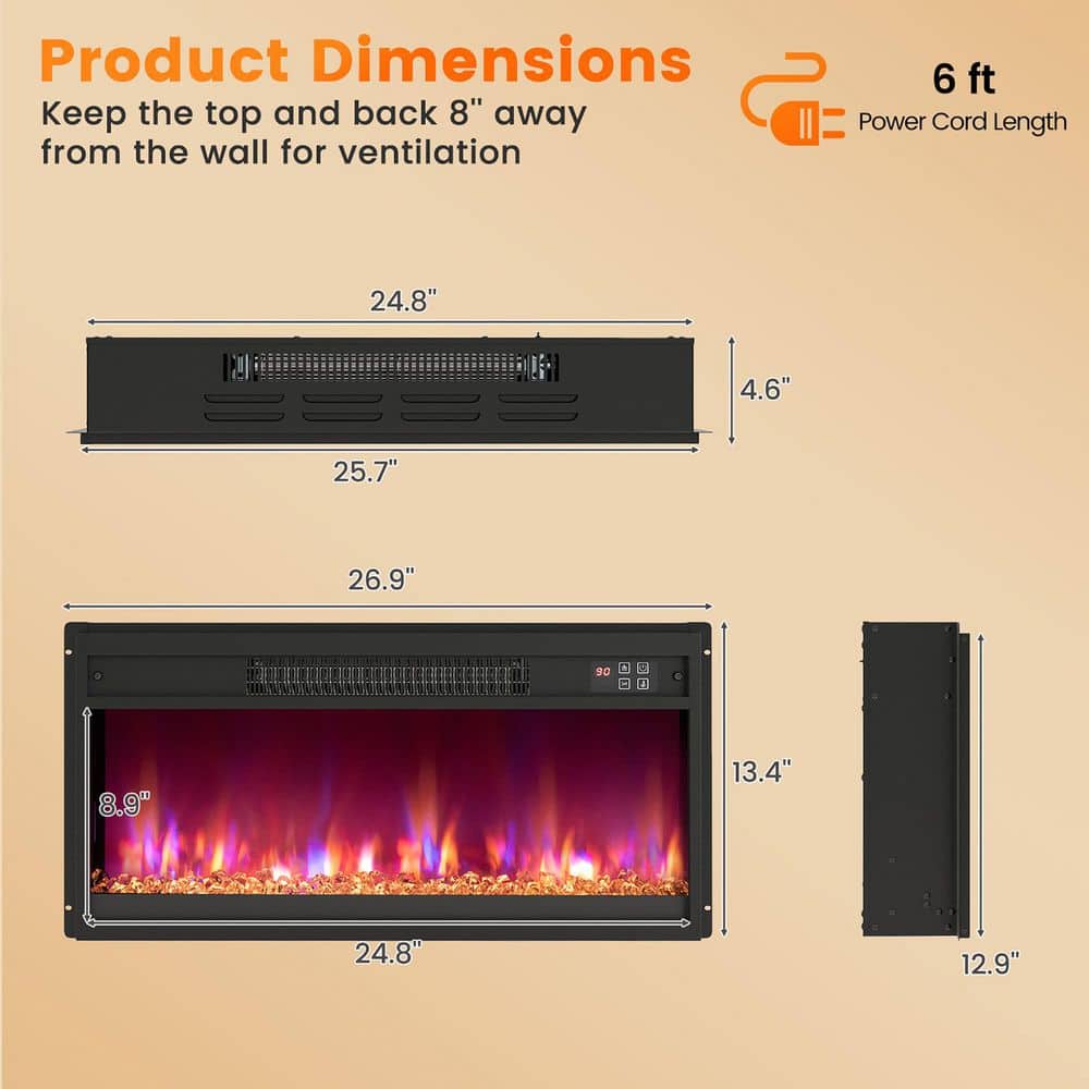 Gymax 26 in. Electric Fireplace Insert Recessed 1500-Watt Fireplace Heater with Remote Control (3)
