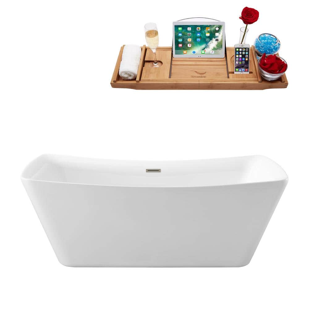 Streamline 67 in. Acrylic Flatbottom Non-Whirlpool Bathtub Glossy White with Brushed Nickel Drain and Overflow Cover