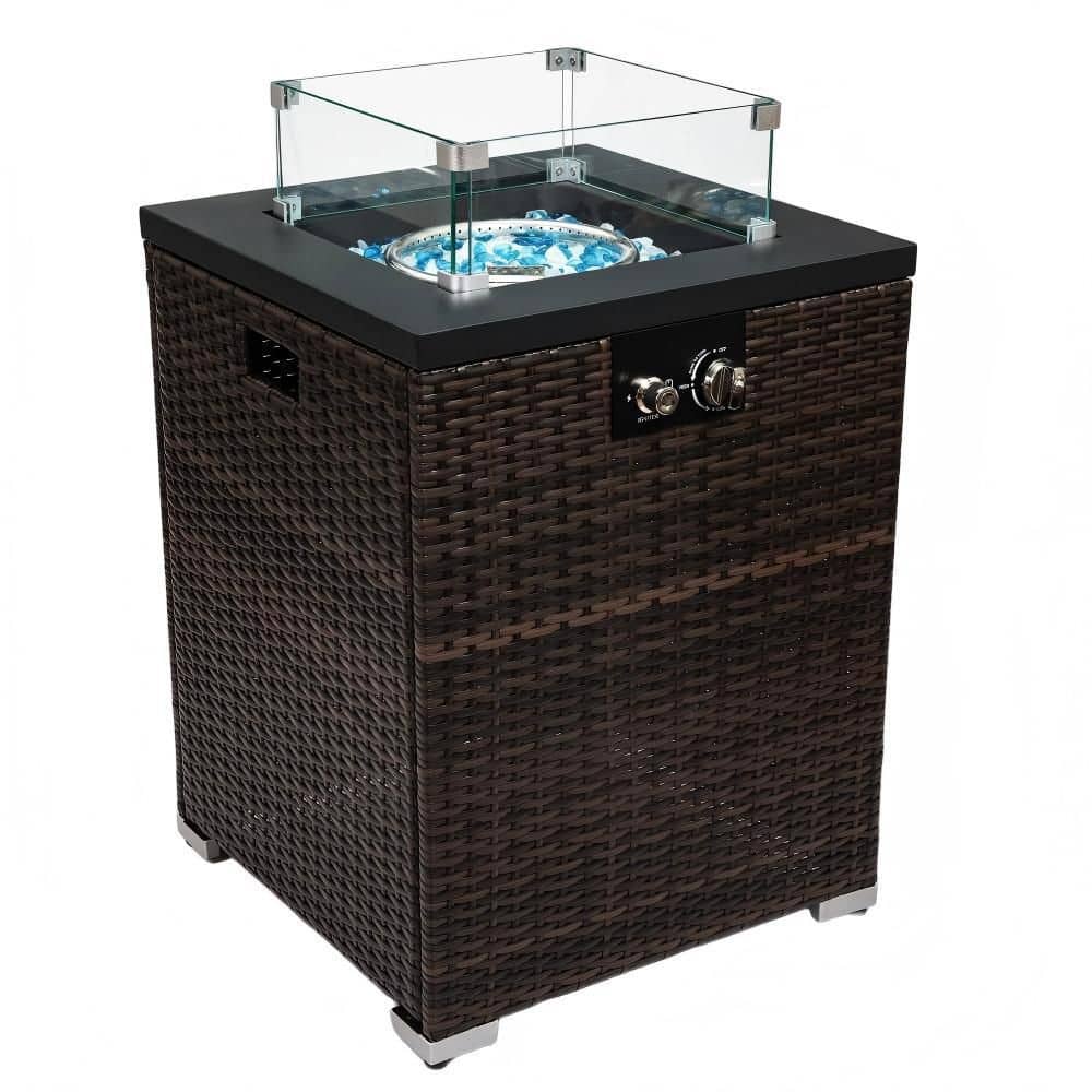 Basdien 22 in. 40000 BTU Propane Fire Pit Table, Square Patio/Deck/Garden Heater with Wicker Base and Glass Wind Guard Brown