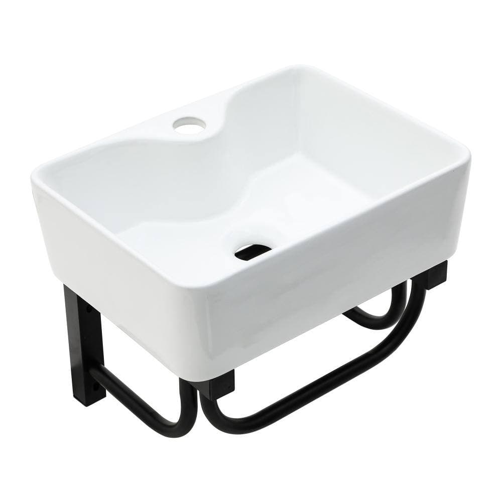 Kichae 16 Inch White Ceramic Wall Mounted Small Rectangular Bathroom Sink with Black Bracket and Faucet Hole (2)