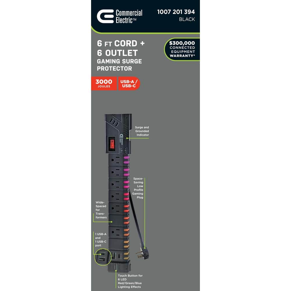 Commercial Electric 6 ft. 6-Outlet RGB Gaming Surge Protector with 1 USB-A and 1 USB-C, Black (2)