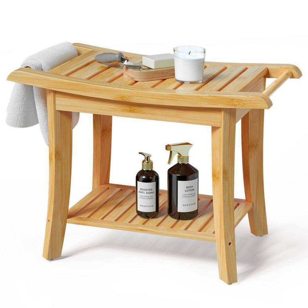 Dracelo 13.4 in. D x 24 in. W x 18.5 in. H Natural Bathroom Bamboo Shower Bench Seat with Storage Shelf (1)
