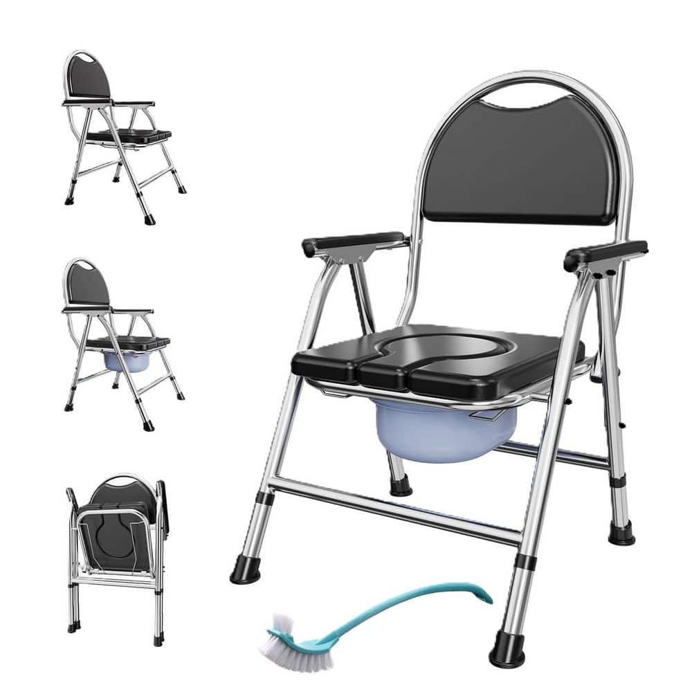 Numhew Folding Commode Chair for Elderly with Arms, PU Soft Seat and Back for Seniors, Adjustable Height Raised Toilet Seat (1)