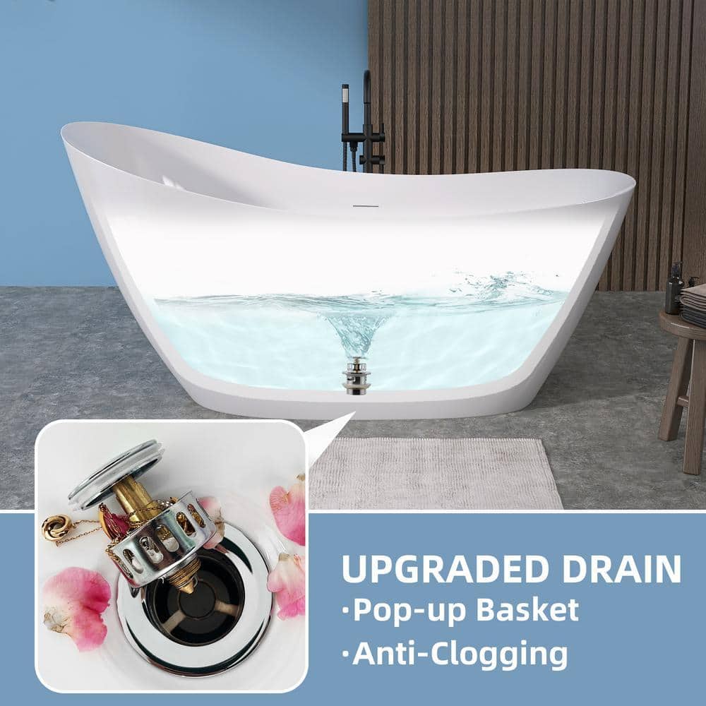 NTQ 55 in. x 28.3 in. Soaking Bathtub Acrylic Single Slipper Stand Alone Tubs Oval Free Standing Tub Freestanding in White (3)