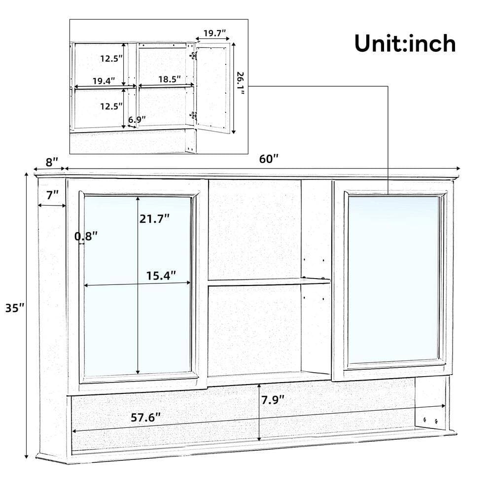 Unbranded 60 in. W 35 in. H Medicine Cabinet with Mirror, Adjustable Shelves and Soft Close Hinges (4)