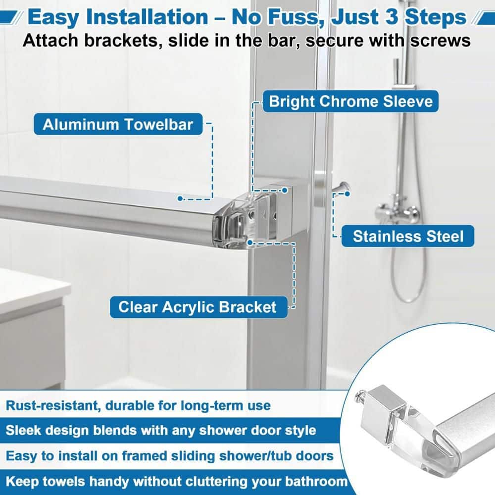 Numhew Glass Shower Door Wall Mounted Towel Bar with Silver Transparent Brackets for Framed Shower (4)