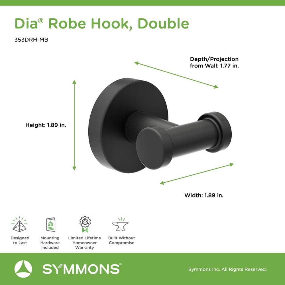 Symmons Dia Knob Wall Mounted Bathroom Double Robe/Towel Hook in Matte Black (2)