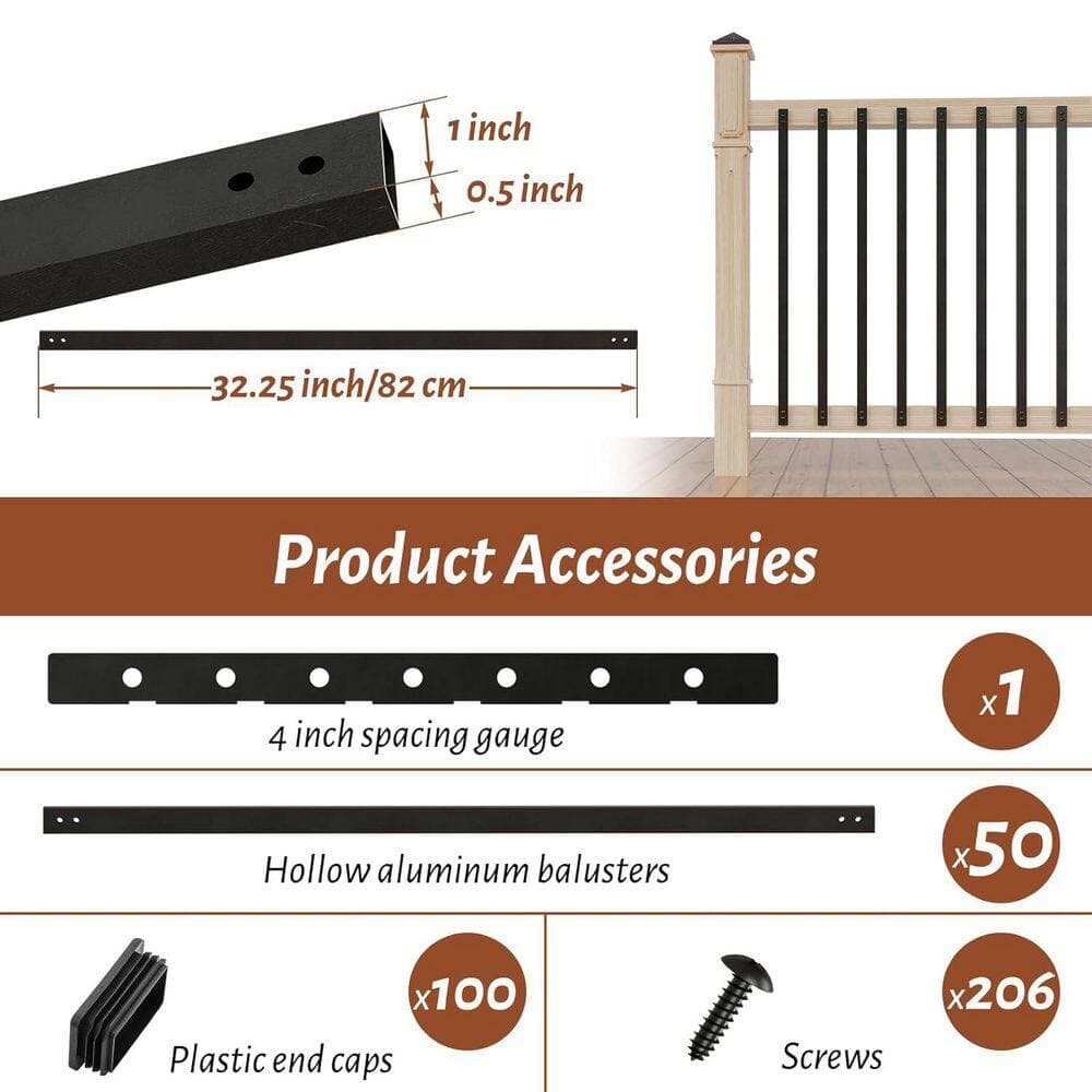 Afoxsos 32.25 in. H x 1 in. W Matte Black Aluminum Stair Railing Kit Outdoor Porch Deck Balusters 50-Pack (2)