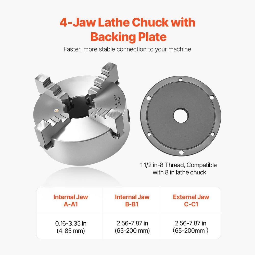 SKYSHALO 4-Jaw Lathe Chuck, 8 in. Self-Centering Chuck with 1 1/2 in. - 8 Threaded Backing Plate, 0.16-7.87 in. Clamping Range (3)