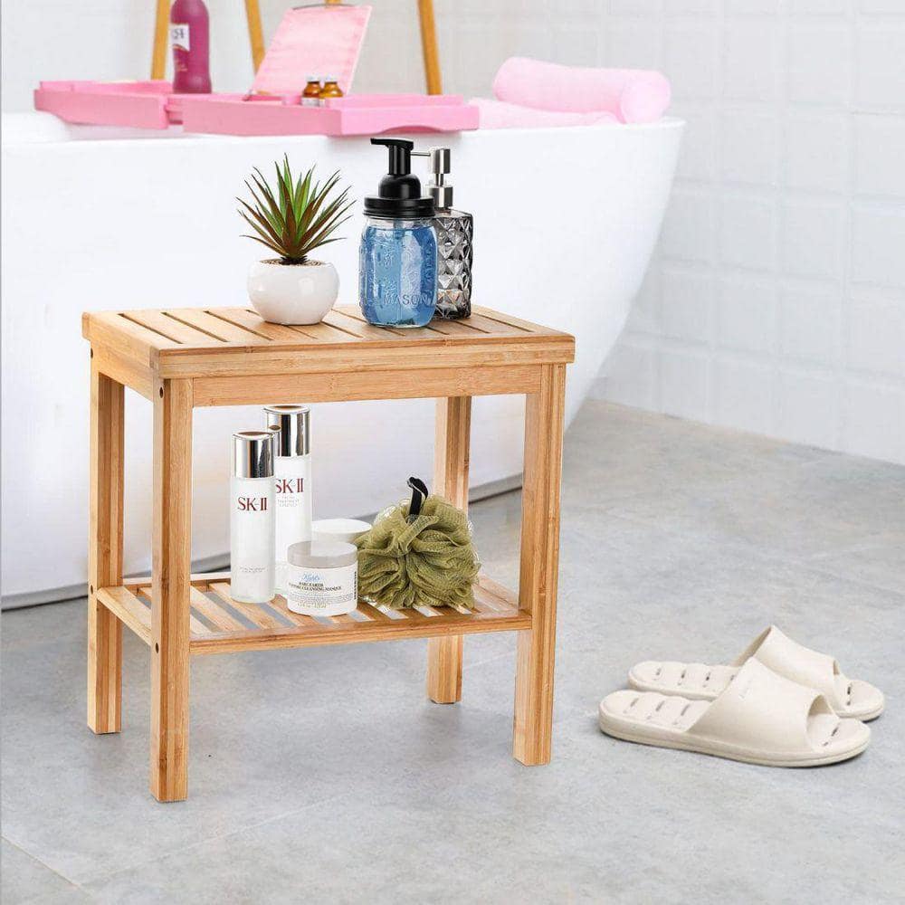 Dracelo 11 in. D x 16.5 in. W x 17.7 in. H Wood Bathroom Bamboo Shower Bench Seat with Storage Shelf (2)