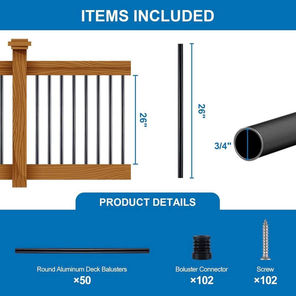 Afoxsos 26 in. H x 3/4 in. W Aluminum Stair Railing Kit with Anti-UV Connectors and Screws for Indoor Outdoor Use 50 Pack (3)