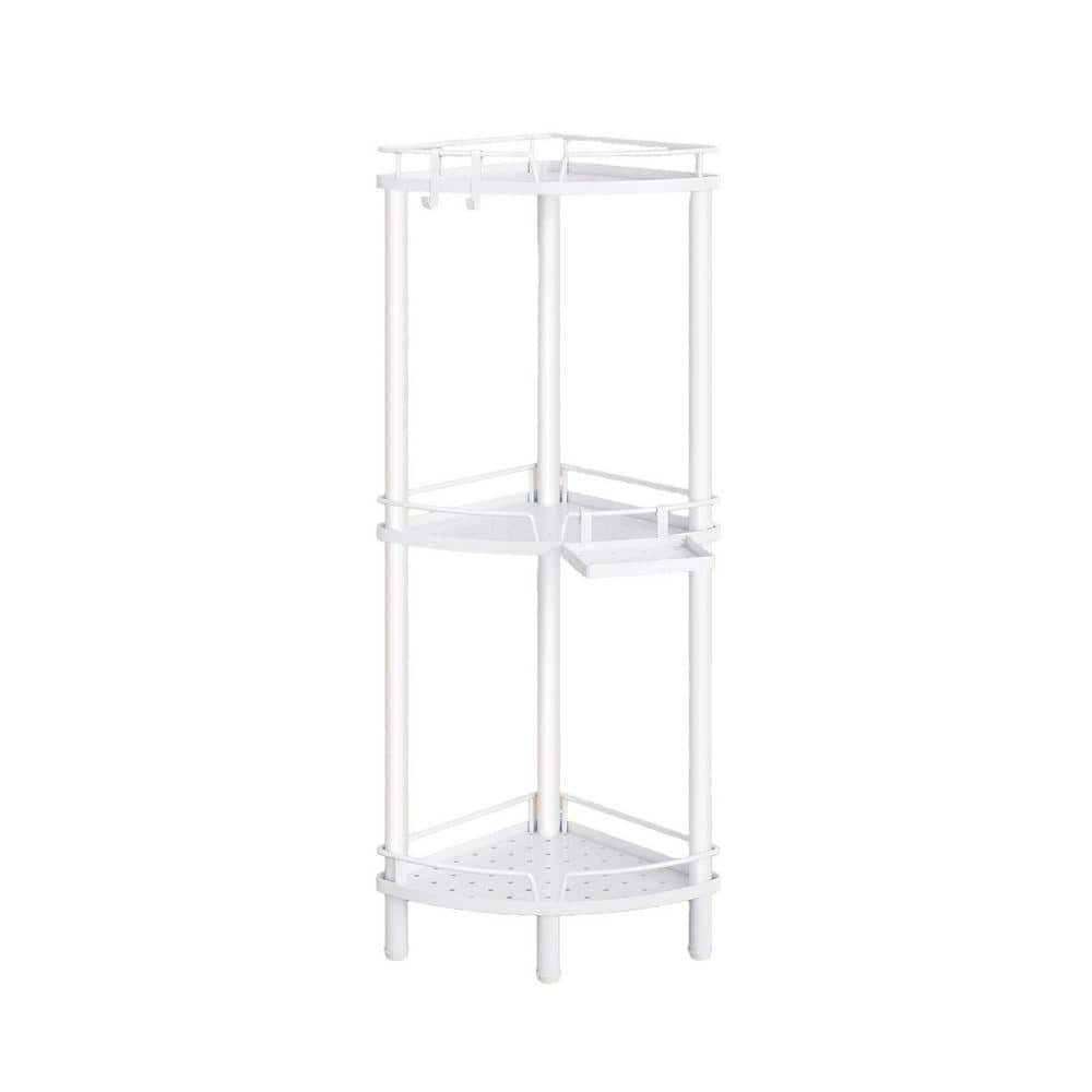 Unbranded 9.6in L 31.5in H Stainless Steel Freestanding Shower Shelf in White Rustproof 3 Tier Organizer with Soap Holder Hooks