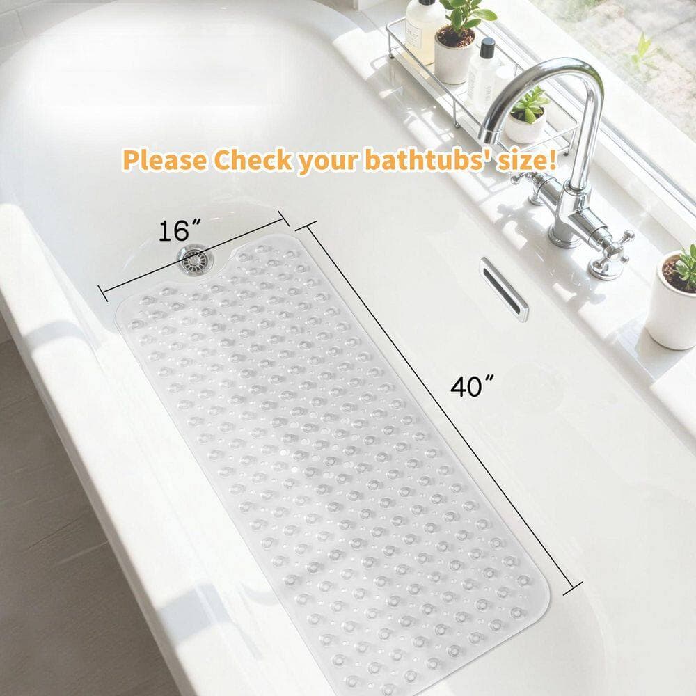 Numhew 40 in. x 16 in. Non Slip Bath Mat in Clear, Extra Long Shower Mat with Drain Holes, Machine Washable Strong Suction Cups (2)