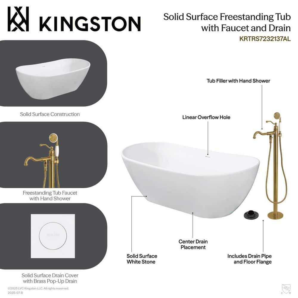 Kingston Brass Arcticstone 71.4 in. x 32.3 in. Surface White Stone Flatbottom Soaking Freestanding Bathtub in White/Polished Brass (3)