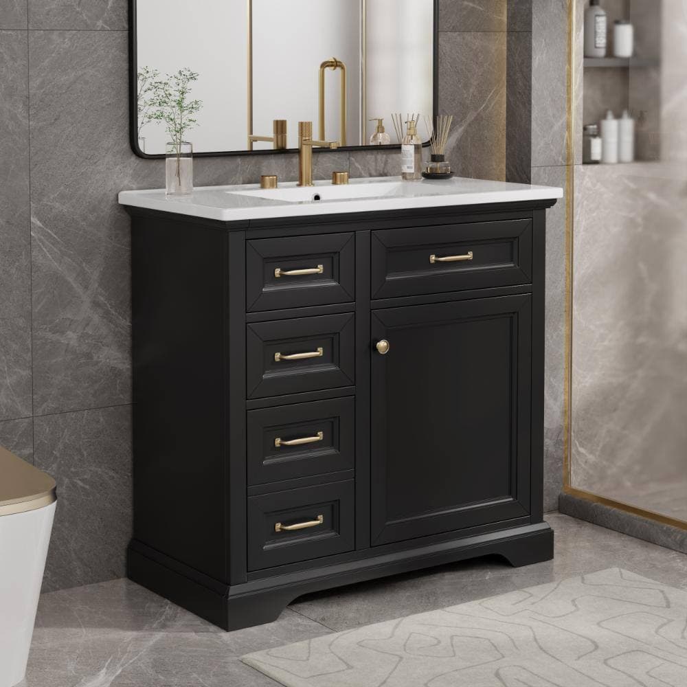Flynama 36" Black Bath Vanity,Ceramic Sink,4 Drawers+Soft Close Door,8" Faucet Pre-drill (2)