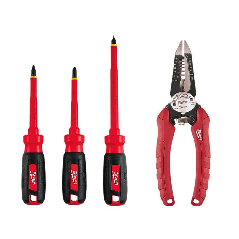 Milwaukee Electricians Dipped Grip Lineman's Pliers w/Wire Stripper, Work Pouch, and Screwdriver Tool Set ( Piece)