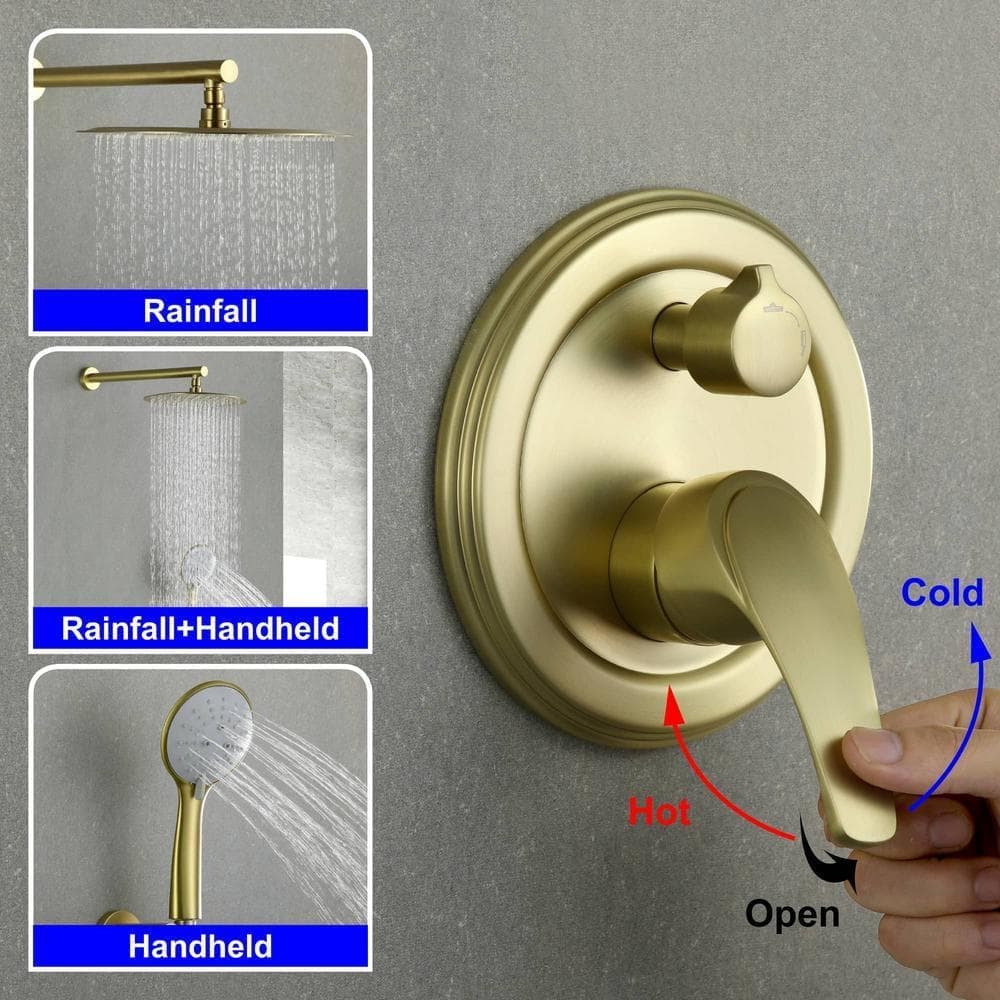 FLG Single-Handle 5-Spray Round Shower Faucet with 10 in. Shower Head and Hand Shower in Brushed Gold (Valve Included) (3)