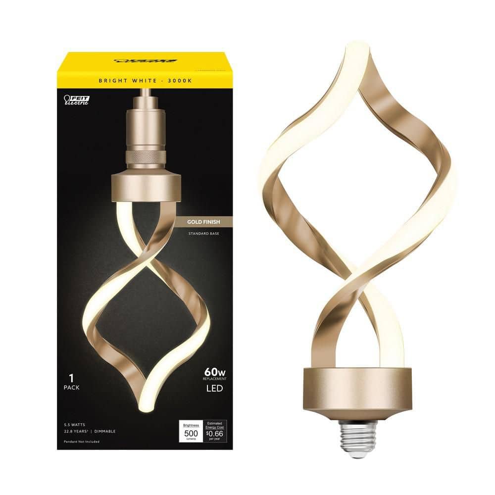 Feit Electric 60-Watt Equivalent Dimmable Oversized Spiral E26 LED Light Bulb W/ Matte Gold Finish and Frosted Lens Bright White 3000K (2)