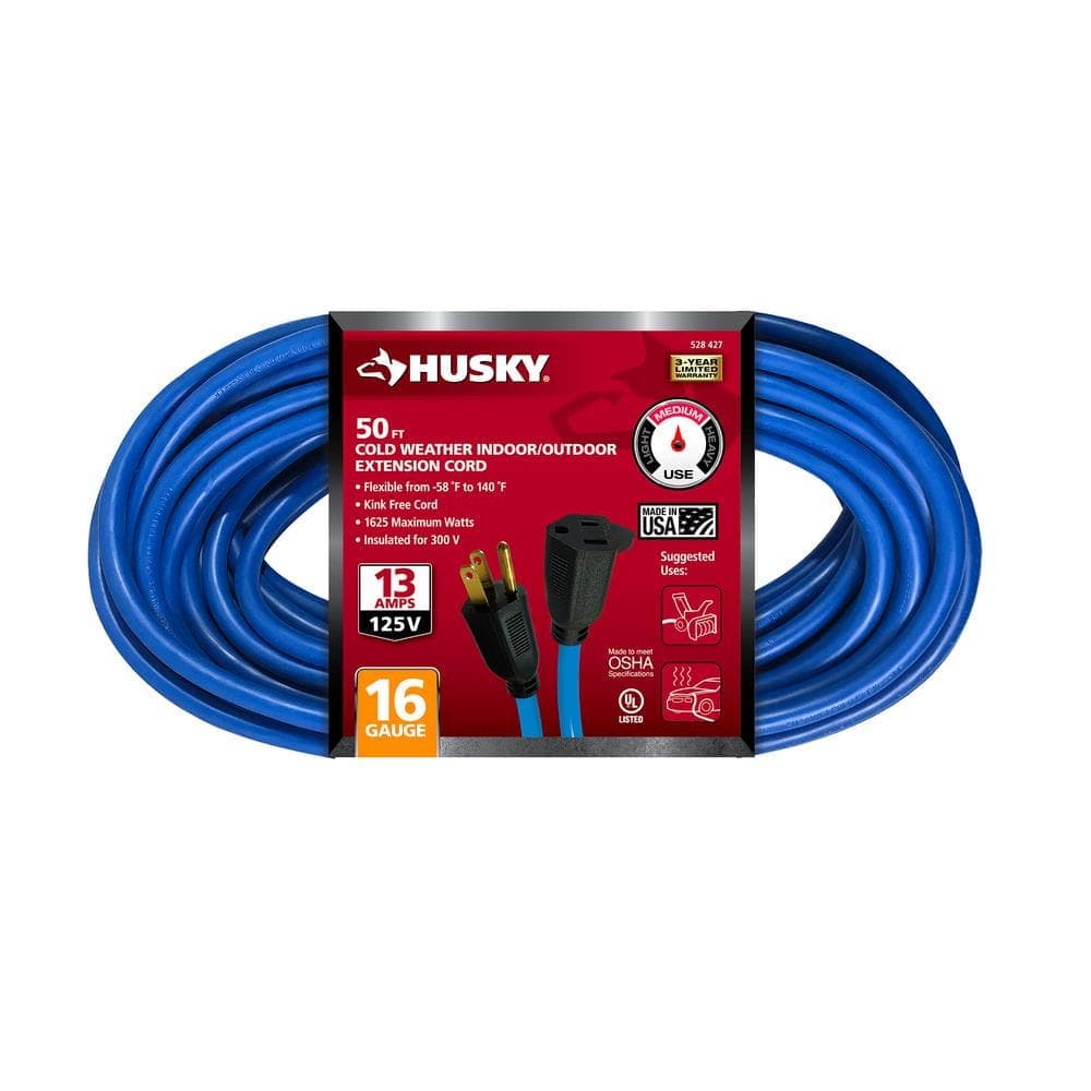 Husky 50 ft. 16/3 Medium Duty Cold Weather Indoor/Outdoor Extension Cord, Blue