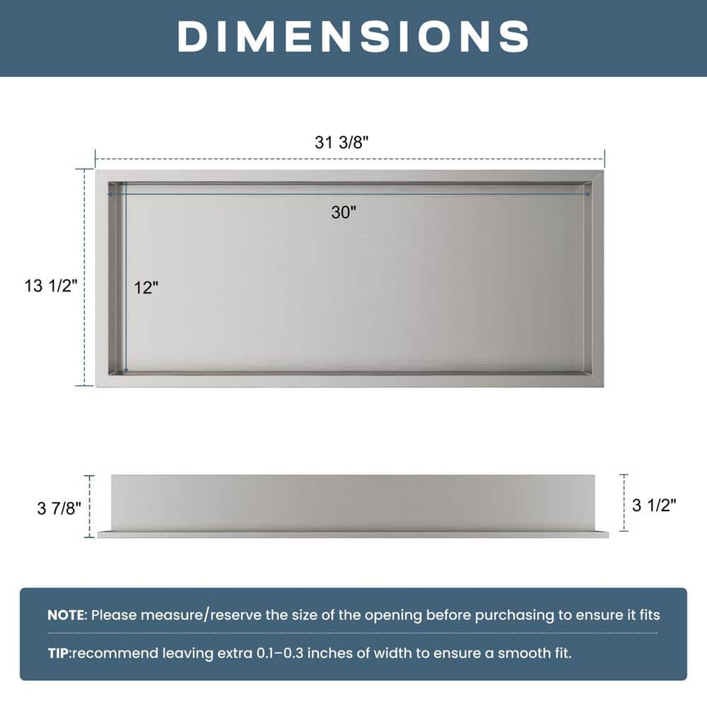 Peorsily 30 in. W x 12 in. H x 4 in. D Waterproof Recessed Shower Niche Storage Shelf in Brushed Nickel, No Tile Needed (3)
