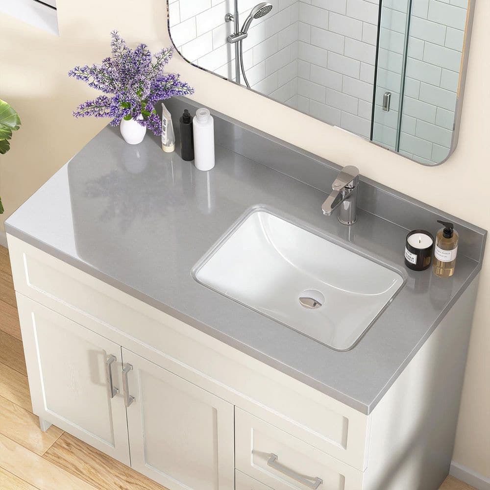 Getpro 42 in. W x 22 in. D Engineered Stone Right White Rectangular Undermount Single Sink and Backsplash Vanity Top in Gray (1)