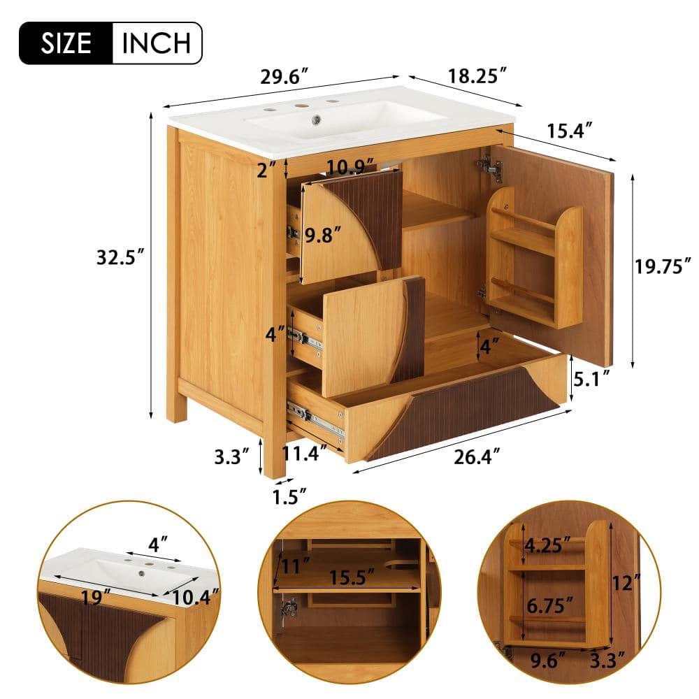 Unbranded Wood 30 Inch Mid-Century Modern Bathroom Vanity with Sink 3 Drawers Soft-Close Door (3)