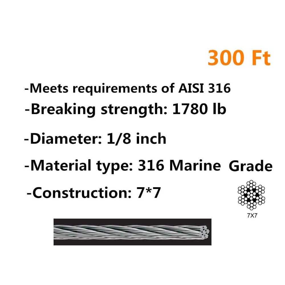 Afoxsos 300 ft. x 1/8 in. Stainless Steel Aircraft Wire Rope Cable for Cable Railing System with 7 x 7 Wire Strands (2)