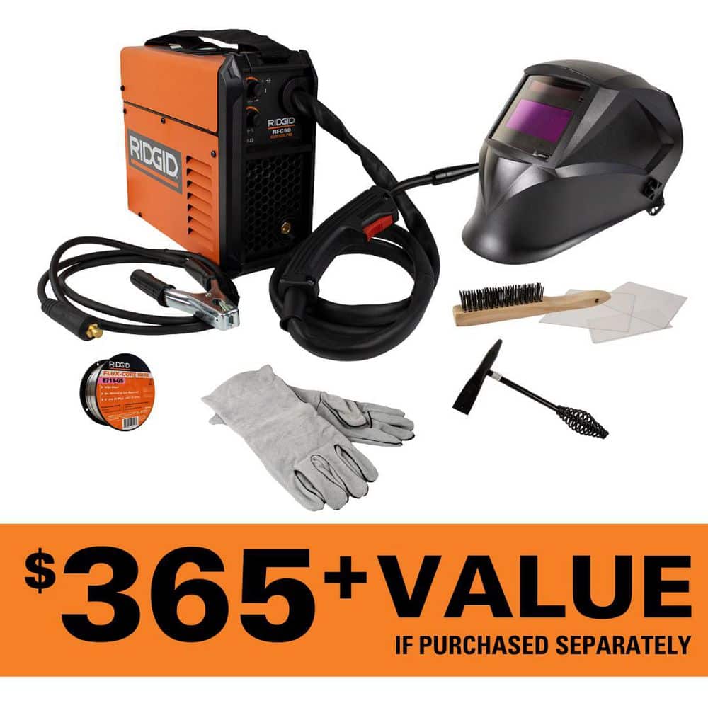 RIDGID 90 Amp, 120-Volt, Flux Core Feed Welder Kit with Auto Darkening Helmet, 2 lbs. Wire, Gloves, Wire Brush, Chipping Hammer (2)