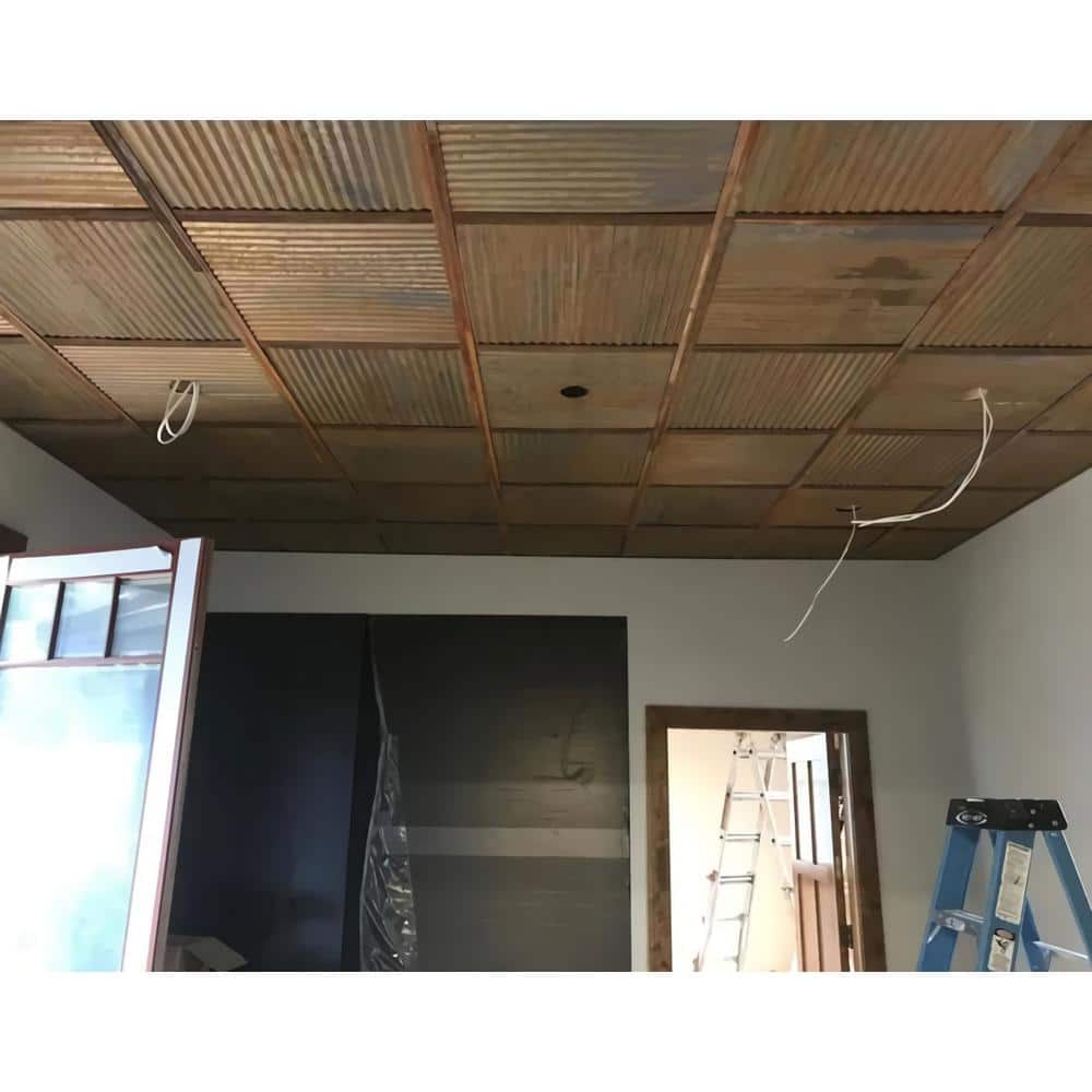 FROM PLAIN TO BEAUTIFUL IN HOURS Corrugated Metal 2 ft. x 2 ft. Rusted Steel Lay-in Ceiling Tiles (40 sq. ft. /Case) (3)