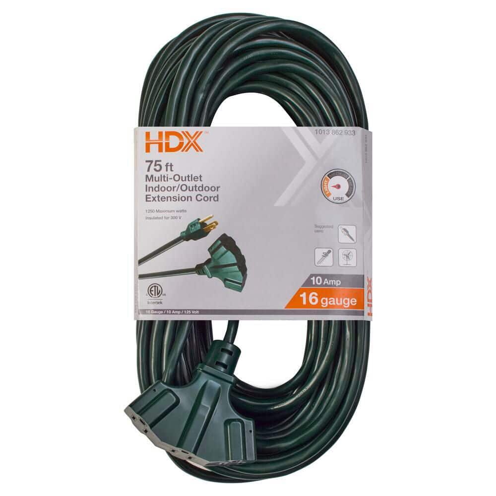 HDX 75 ft. 16/3 Light Duty Indoor/Outdoor Extension Cord with Multiple Outlet Triple Tap End, Green