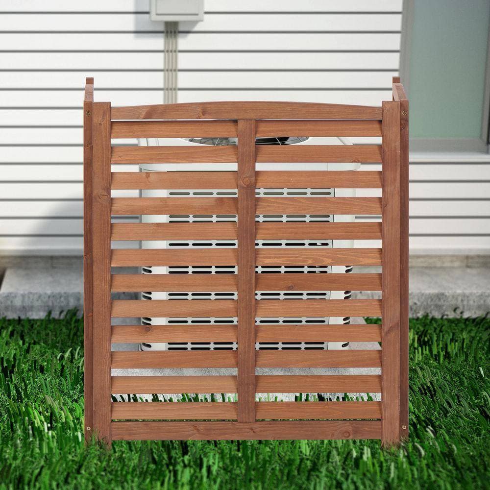Unbranded 32 in. x 32 in. Brown Wood 3-Panel Privacy Fence Screen Mesh Fabric Outdoor Air Conditioner Fence (3)