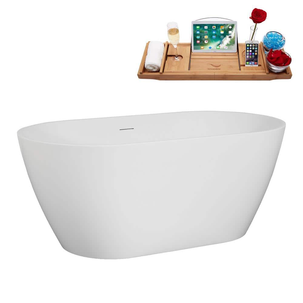 Streamline 55 in. 30 in. Acrylic Freestanding Soaking Bathtub Glossy White With Matte Black Drain, Bamboo Tray (3)