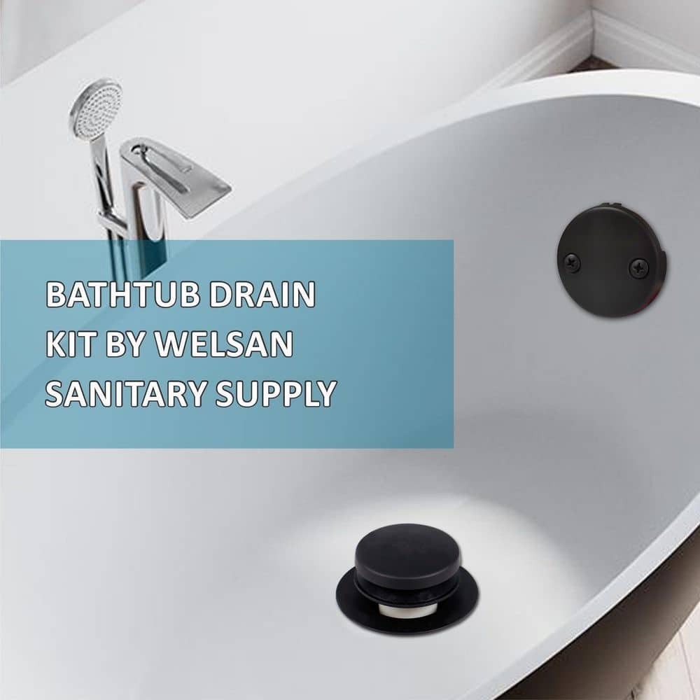 Wudkey 1-Piece Tubular Tub Drain Kit with Tip-Toe Bathtub Drain Stopper, Plug Waste and Overflow Face Plate Included in Black (2)