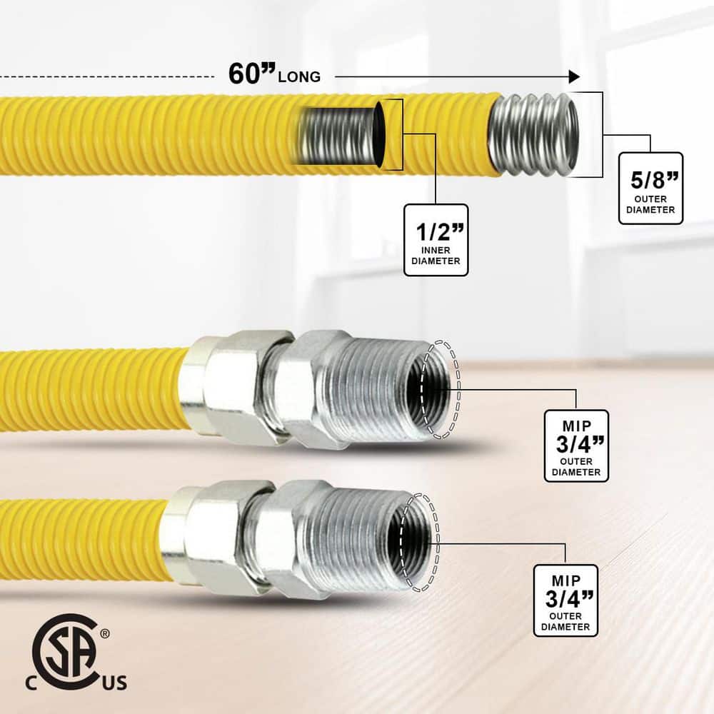 PLUMBFLEX 60  in. Gas Connector with Fittings, Yellow Coated Gas Connector, 5/8 in. OD, 3/4 in. MIP x 3/4 in. MIP Connection (2)