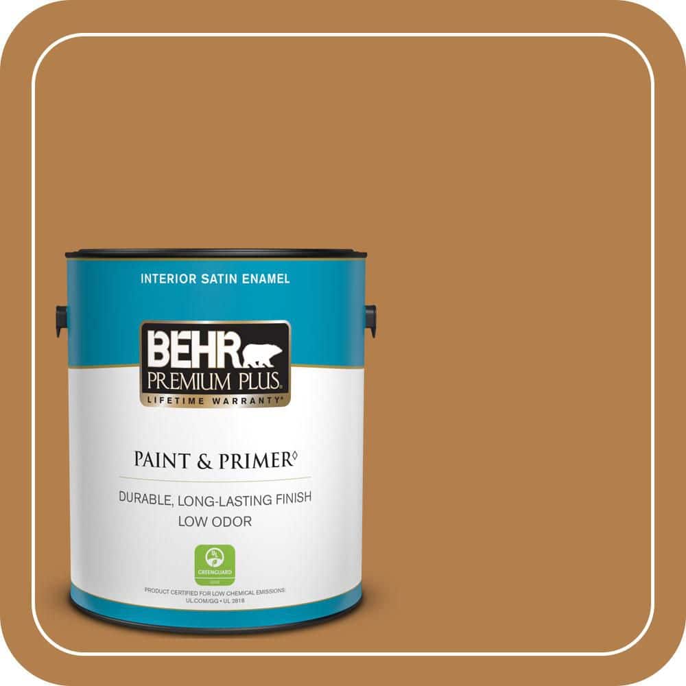 BEHR PREMIUM PLUS 1 gal. #PMD-106 Caramel Sauce Satin Enamel Low Odor Interior Paint & Primer