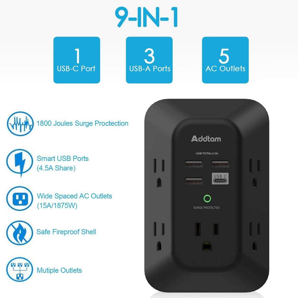 Ahfiwaso 5-Outlet Power Strip Surge Protector with 4 USB Port 3 Sided Wall Adapter in Black ( 2 Pack) (2)
