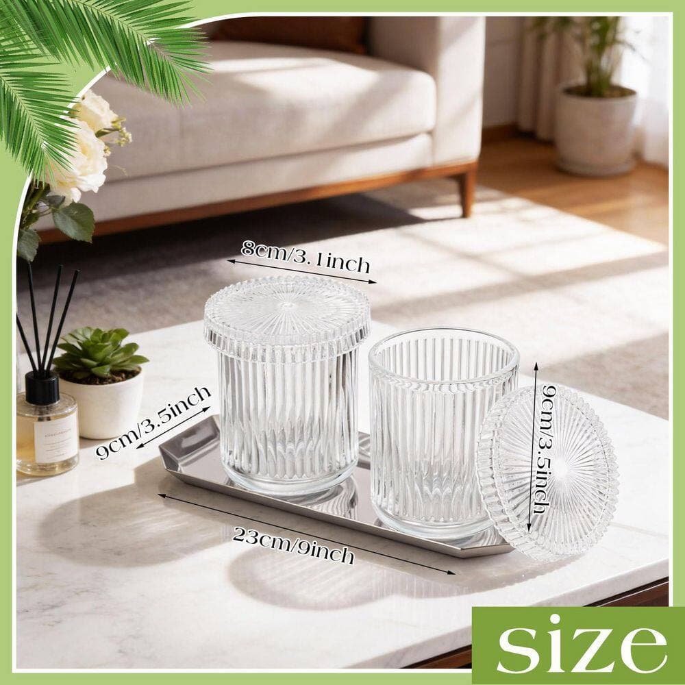 KHKFY 2-Pack Clear Glass Cotton Swab Jars with Lids and Stainless Steel Tray Bathroom Storage Organizer (3)