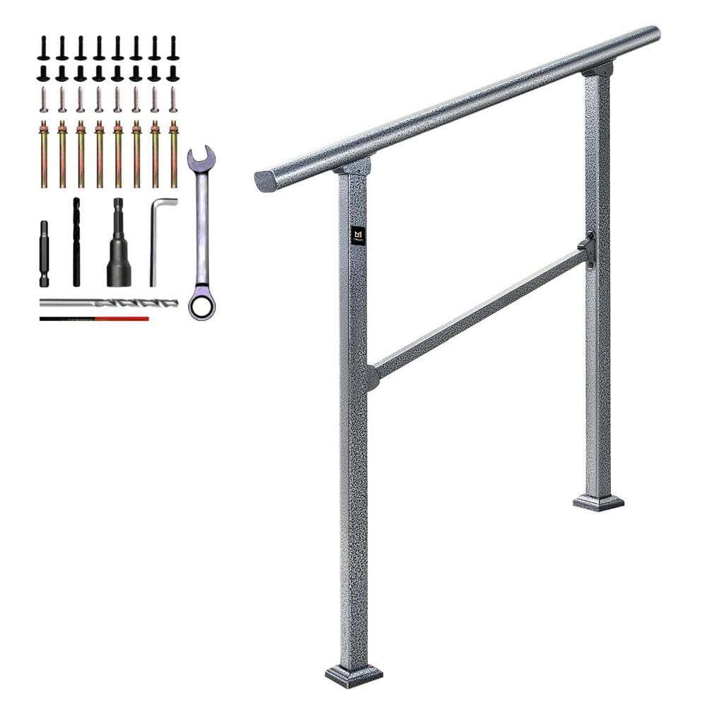 Afoxsos Adjustable Galvanized Steel Handrail for Outdoor Steps with Silver on Black Finish Easy Install Sturdy 3 Steps (1)