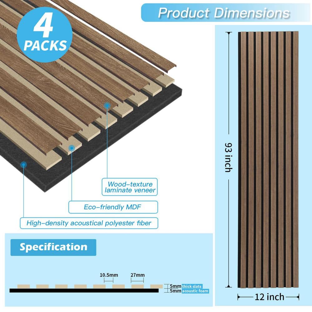 Art3dwallpanels 2/5in. x 1ft. x 8ft. Walnut Brown MDF Decorative Wall Paneling, 3D Acoustic/Sound proof Slat Wall Panels (4-Pack) (3)