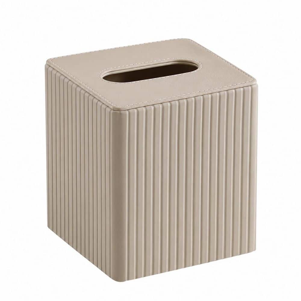 KHKFY PU Leather Square Tissue Box Cover with Magnetic Closure and Velvet Lining in Beige Stripe Pattern Top