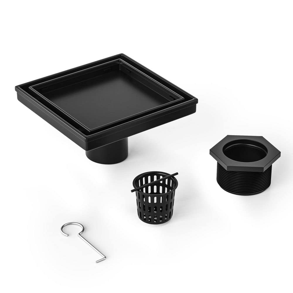 Helhom Matte Black 6 in. Square Shower Floor Drain with Tiled Insert Grate and Hair Strainer, 2-in-1 Tiled in Drain (1)